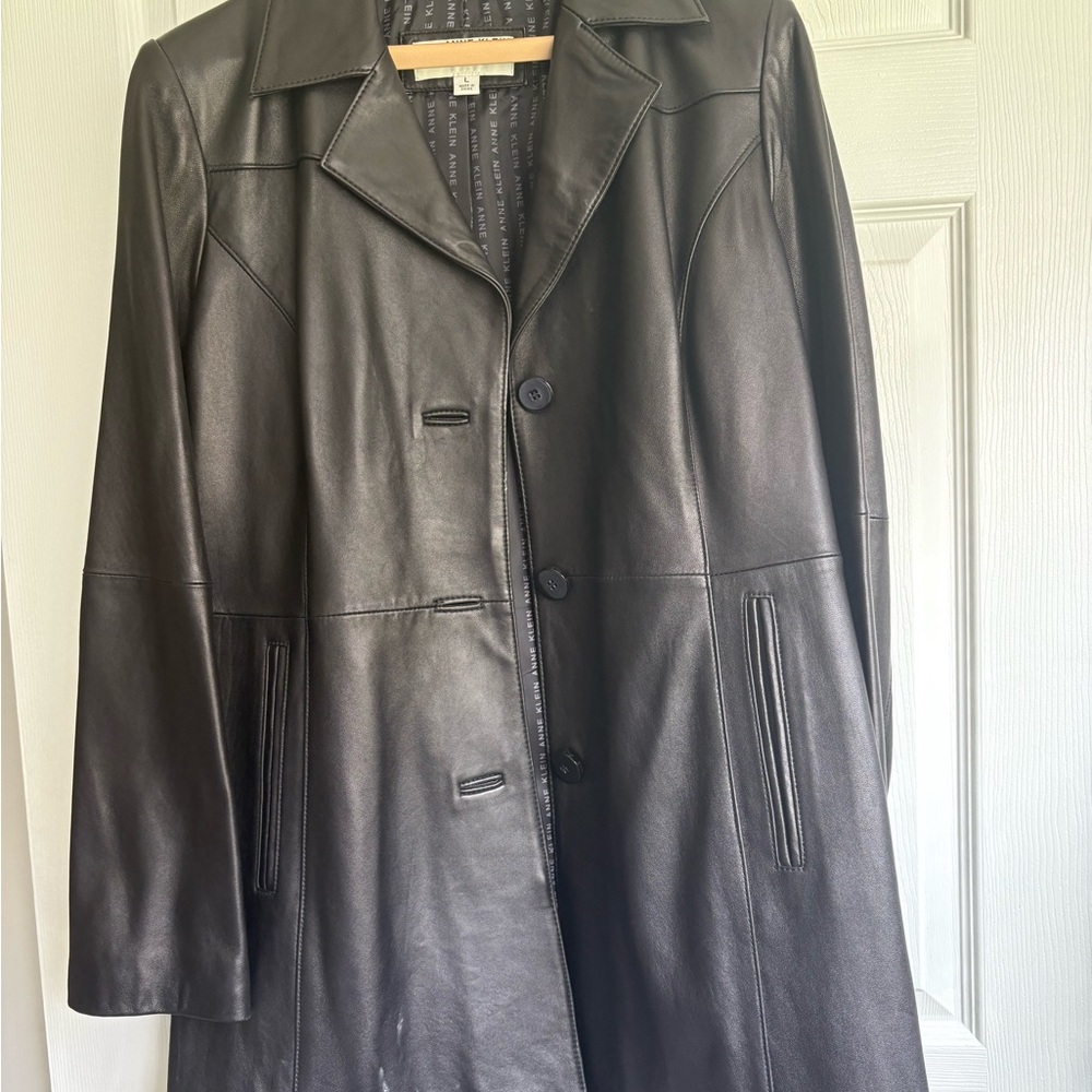 Anne Klein Black Leather Jacket Blazer Style